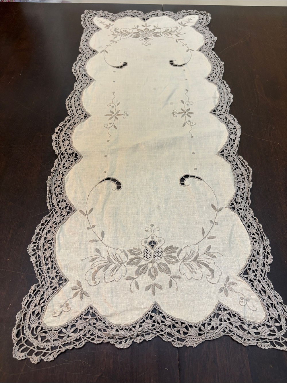 Taupe Embroidered Lace Table Runner